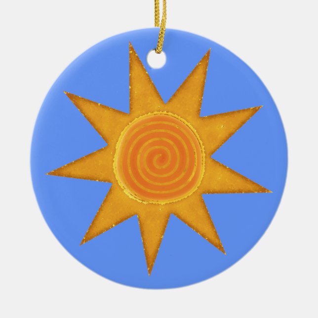 Nine Ray Yellow Spiral Sun Symbol Ceramic Ornament (Front)