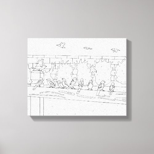 Nine Sparrows Sitting on Rail Drawing to Paint Canvas Print