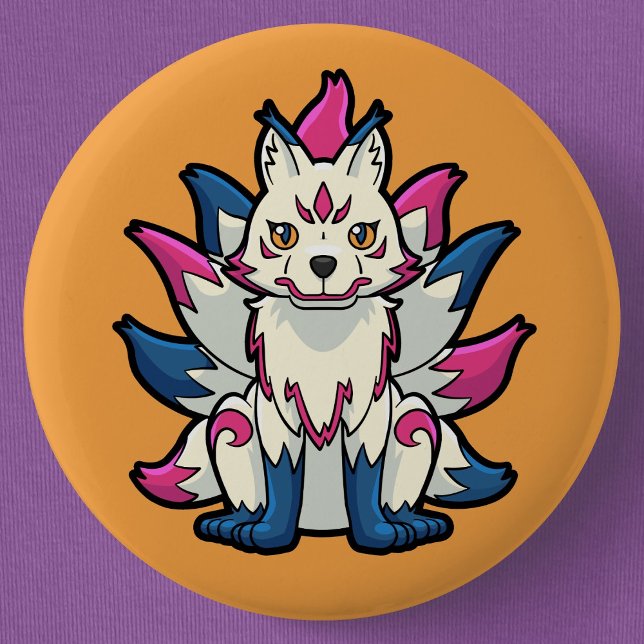 Nine-Tailed Fox- Kyuubi Kitsune Yokai Button (Nine-Tailed Fox Yokai Can Badge- Detail View)