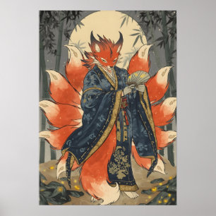 Nine-Tailed Kitsune Fox Japanese Mythology Art Poster