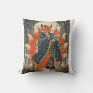 Nine-Tailed Kitsune Fox Japanese Mythology Art Throw Pillow
