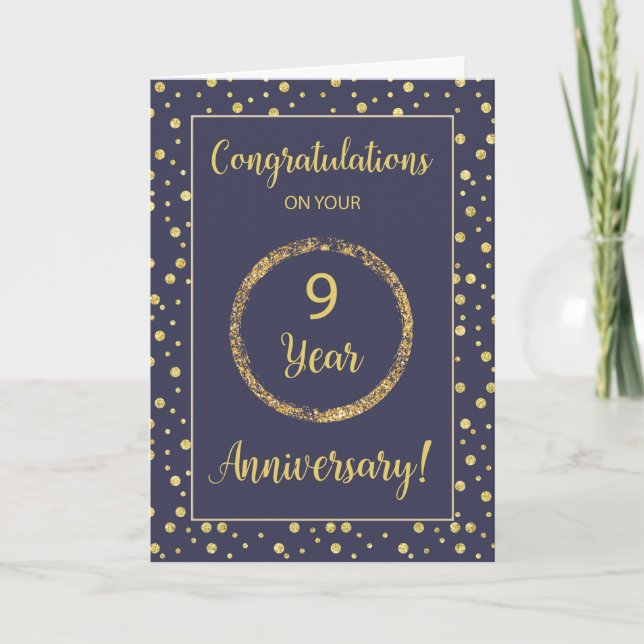 Nine Years Business Anniversary Navy and Gold-Look Card (Front)