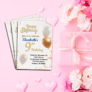 Nine years old girls birthday invitation foil invitation