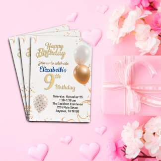 Nine years old girls birthday invitation foil invitation
