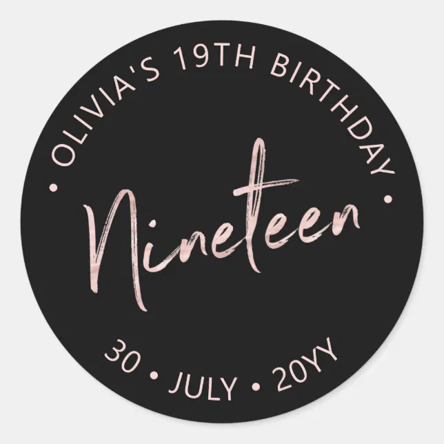 Nineteen | Rose gold Lettering 19th Birthday Favor Classic Round ...