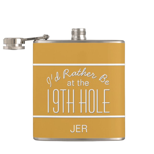 Nineteenth Hole Golf Course Quote Monogram Yellow Flask (Opened)