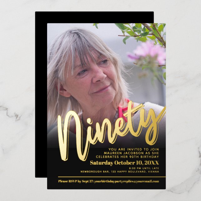 Ninety 90th Birthday custom photo script gold Foil Invitation (Front/Back)
