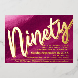 Ninety 90th Birthday party gold red pink wash Foil Invitation