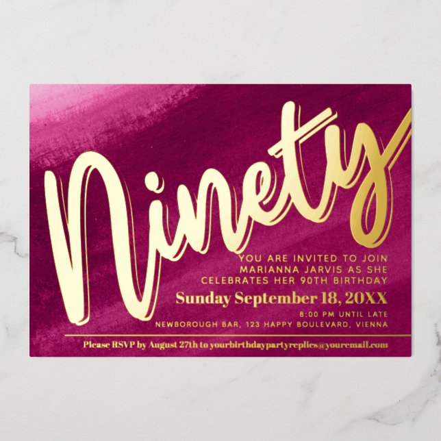 Ninety 90th Birthday party gold red pink wash Foil Invitation (Front)