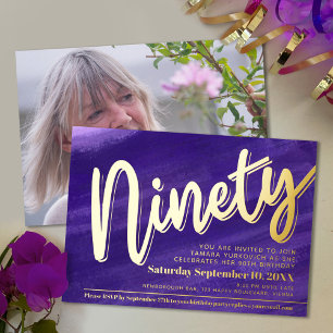 Ninety 90th Birthday party purple blue art gold Foil Invitation