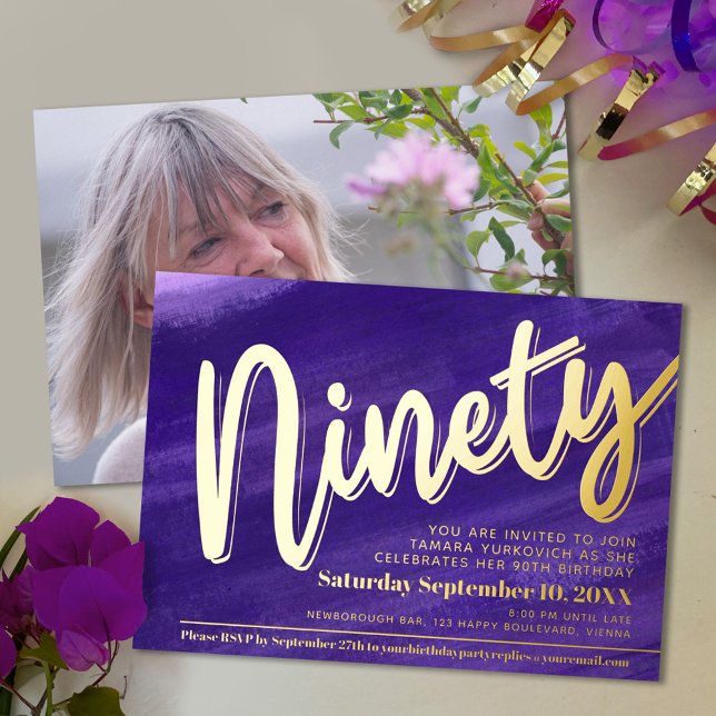 Ninety 90th Birthday party purple blue art gold Foil Invitation (Creator Uploaded)