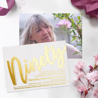 Ninety 90th Birthday party white with gold script Foil Invitation