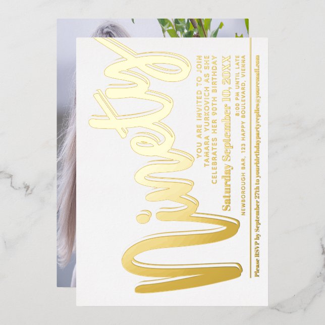 Ninety 90th Birthday party white with gold script Foil Invitation (Front/Back)