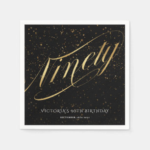 Ninety 90th Gold Black Confetti Calligraphy Classy Napkins
