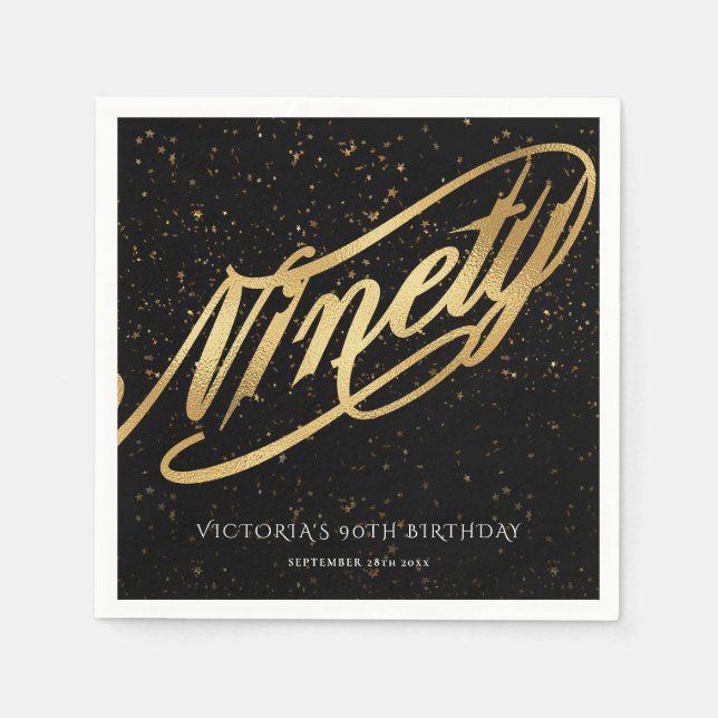 Ninety 90th Gold Black Confetti Calligraphy Classy Napkins (Front)