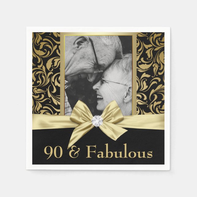 Ninety and Fabulous gold damask 90th Birthday Napkins (Front)
