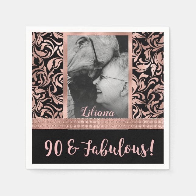Ninety and Fabulous Rose Gold Damask 90th Birthday Napkins (Front)
