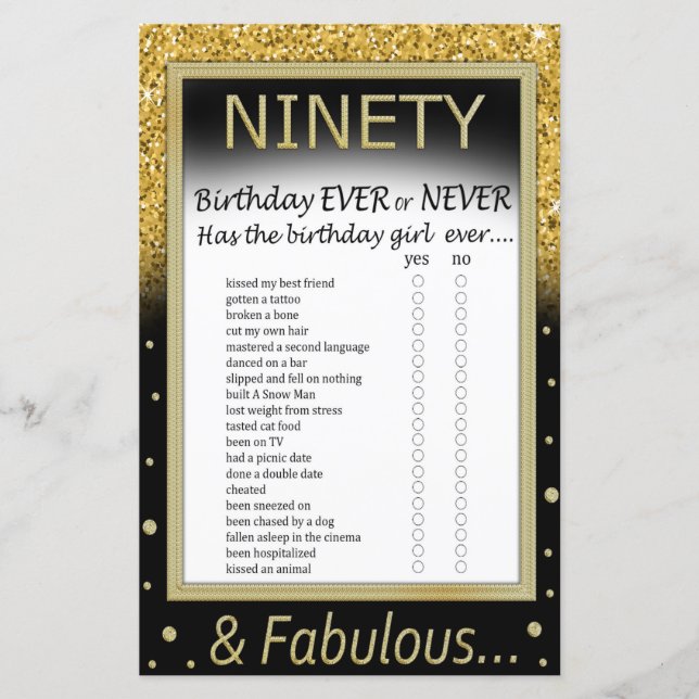 Ninety Birthday Ever or Never Game (Front)