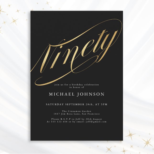 Ninety Black and Gold 90th Birthday Invitation (Mockup View)