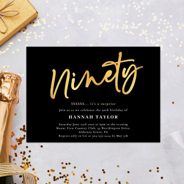 Ninety Black Gold 90th Birthday Invitation (Creator Uploaded)