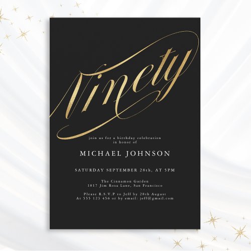 Ninety Black Gold Modern Minimalist 90th Birthday Invitation