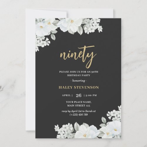 Ninety Black  Gold White Floral Elegant Birthday Invitation