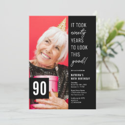 Ninety Black & White 90th Birthday Party Photo Invitation | Zazzle