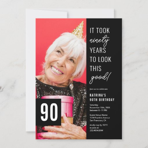 Ninety Black & White 90th Birthday Party Photo Invitation | Zazzle