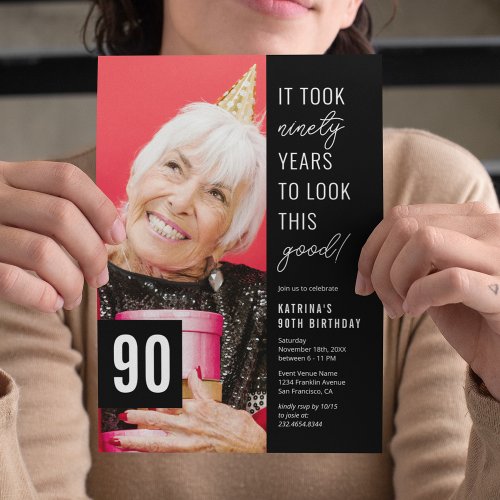 Ninety Black  White 90th Birthday Party Photo Invitation