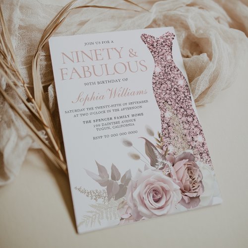 Ninety  Fabulous Blush Gown Floral 90th Birthday Invitation