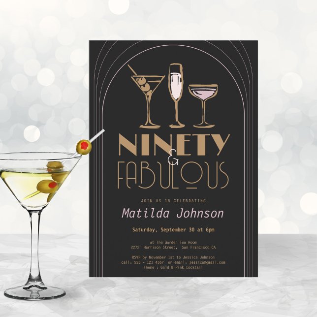 Ninety Fabulous Cocktail Gold Black 90th Birthday Invitation (Mockup View)
