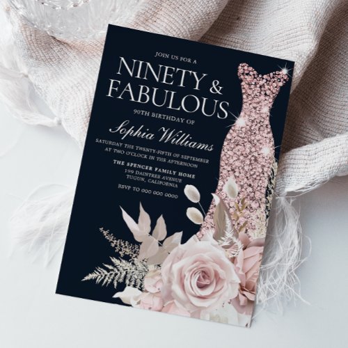 Ninety  Fabulous Dusty Rose Floral 90th Birthday Invitation