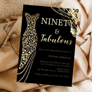 Ninety & Fabulous Elegant Gold Dress 90th Birthday Foil Invitation