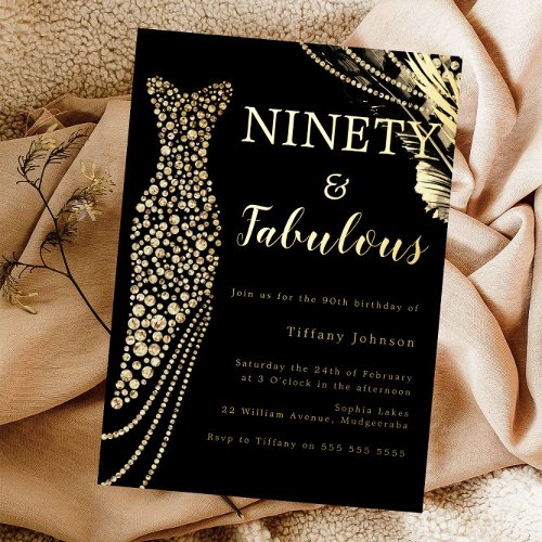 Ninety  Fabulous Elegant Gold Dress 90th Birthday Foil Invitation