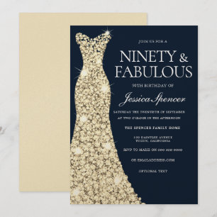 Ninety & Fabulous!! Gold Dress Gown 90th Birthday Invitation