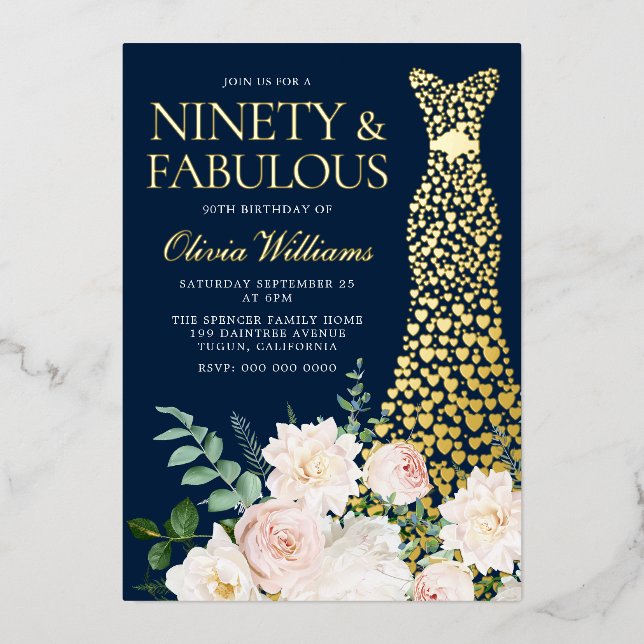 Ninety & Fabulous Navy & Gold 90th Birthday Foil Invitation (Front)