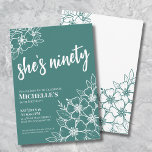 Ninety Floral 90th Birthday Party Invitation<br><div class="desc">Elegant Ninetieth Green 90th Birthday Party Invitation. A fun but elegant 50th birthday party invitation with green and white flowers for the young at heart. Please note that the gold will not have any actual shine to it, it's simply a color. A playful flower pattern frames a script typography "she's...</div>