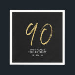 Ninety | Gold & Black Lettering 90th Birthday Napkins<br><div class="desc">This simple custom napkin will add stylish details to your 90th birthday party. This design features gold chic lettering "90" with custom text on a black background. Matching invitations and party supplies are available in my shop BaraBomDesign.</div>