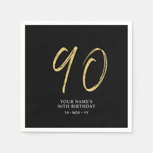 Ninety | Gold & Black Lettering 90th Birthday Napkins (Front)