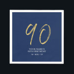 Ninety | Gold & Navy Blue Lettering 90th Birthday Napkins<br><div class="desc">This simple custom napkin will add stylish details to your 90th birthday party. This design features gold chic lettering "90" with custom text on a navy blue background. Matching invitations and party supplies are available in my shop BaraBomDesign.</div>