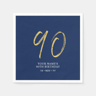 Ninety   Gold & Navy Blue Lettering 90th Birthday Napkins