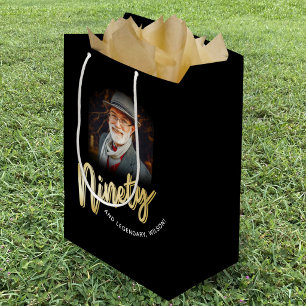 Ninety gold script and custom photo 90th birthday medium gift bag