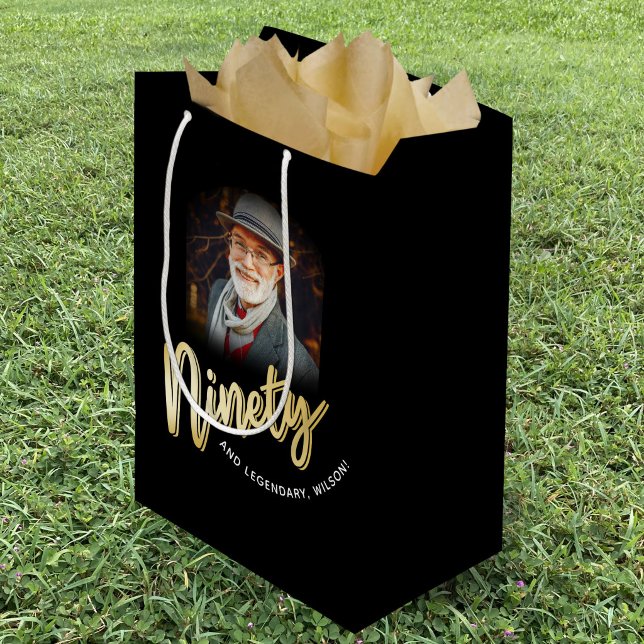 Ninety gold script and custom photo 90th birthday medium gift bag (Creator Uploaded)