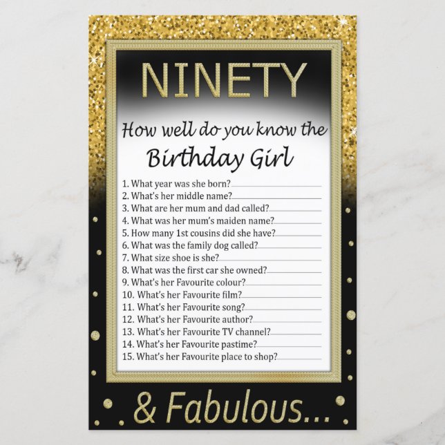 Ninety How well do you know the birthday girl (Front)