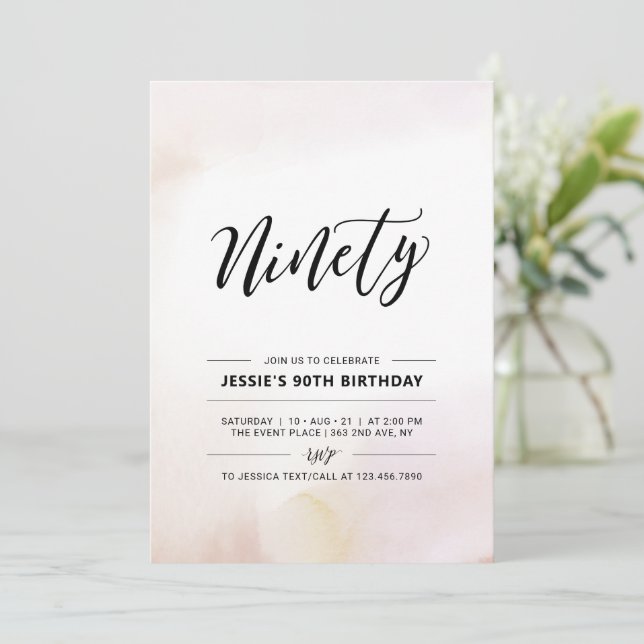 Ninety Minimal 90th Birthday Party Watercolor Invitation (Standing Front)