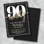 Ninety Modern 90th Birthday Party Invitation<br><div class="desc">Introducing a simple and modern 90th birthday party invitation, perfect for celebrating this milestone in style. The sleek design features a bold black background with a prominent "90" at the top. Below, "Ninety" is elegantly written in script calligraphy, adding a touch of sophistication. The text throughout the invitation combines a...</div>