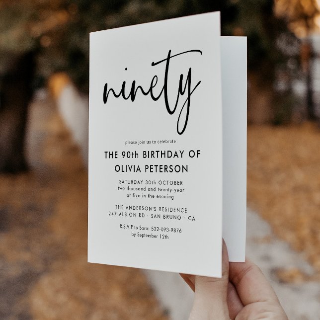 Ninety | Modern 90th Black & White Birthday Folded Invitation (Creator Uploaded)