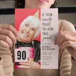 Ninety Modern Photo 90th Birthday Party Invitation<br><div class="desc">Create unforgettable moments with our modern 90th birthday party invitations! Characterized by a sophisticated pink background and an amusing saying - 'It took ninety years to look this good!', these invites also offer a convenient text template you can customize easily. Add in the celebrant's photo, and you've got an invitation...</div>