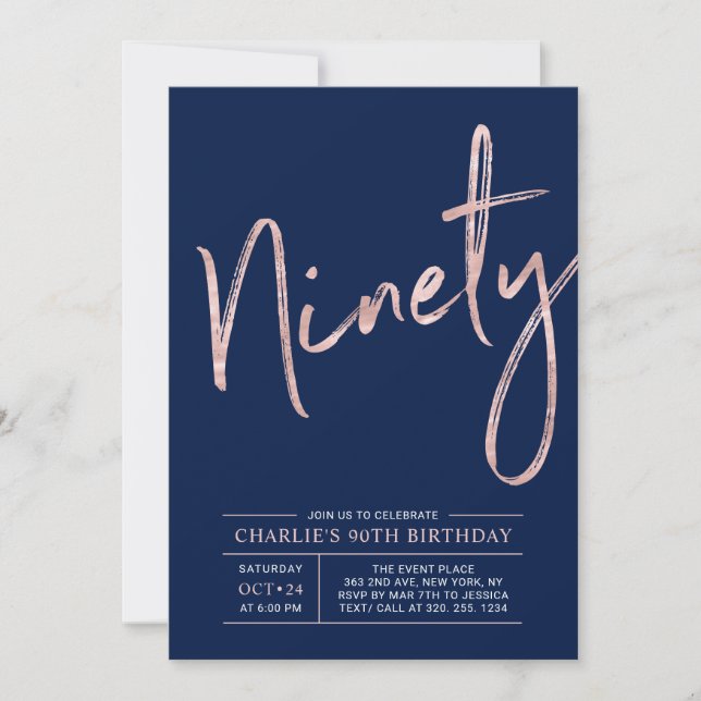 Ninety | Modern Rose Gold 90th Birthday Party Invitation (Front)