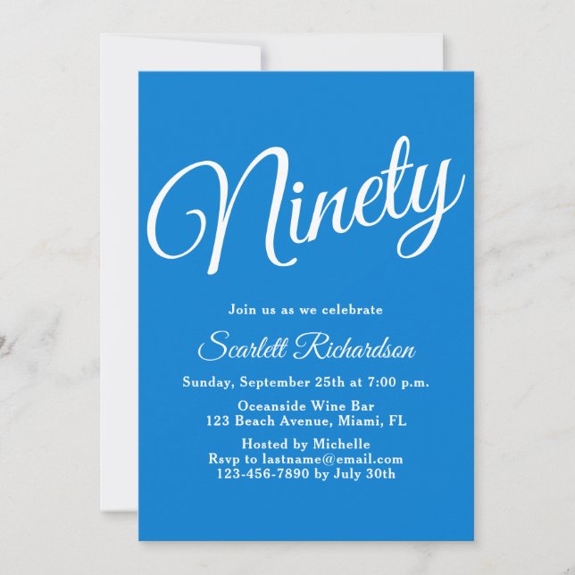 Ninety Modern Script Blue 90th Birthday Party Invitation (Front)